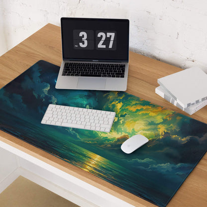 Vibrant aurora night sky gaming mousepad with teal nebula, edge stitching, non-slip base
