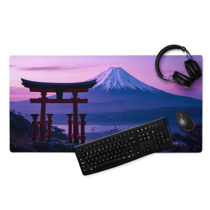 Scenic Mt Fuji sunset with torii gate pink purple gaming mouse pad
