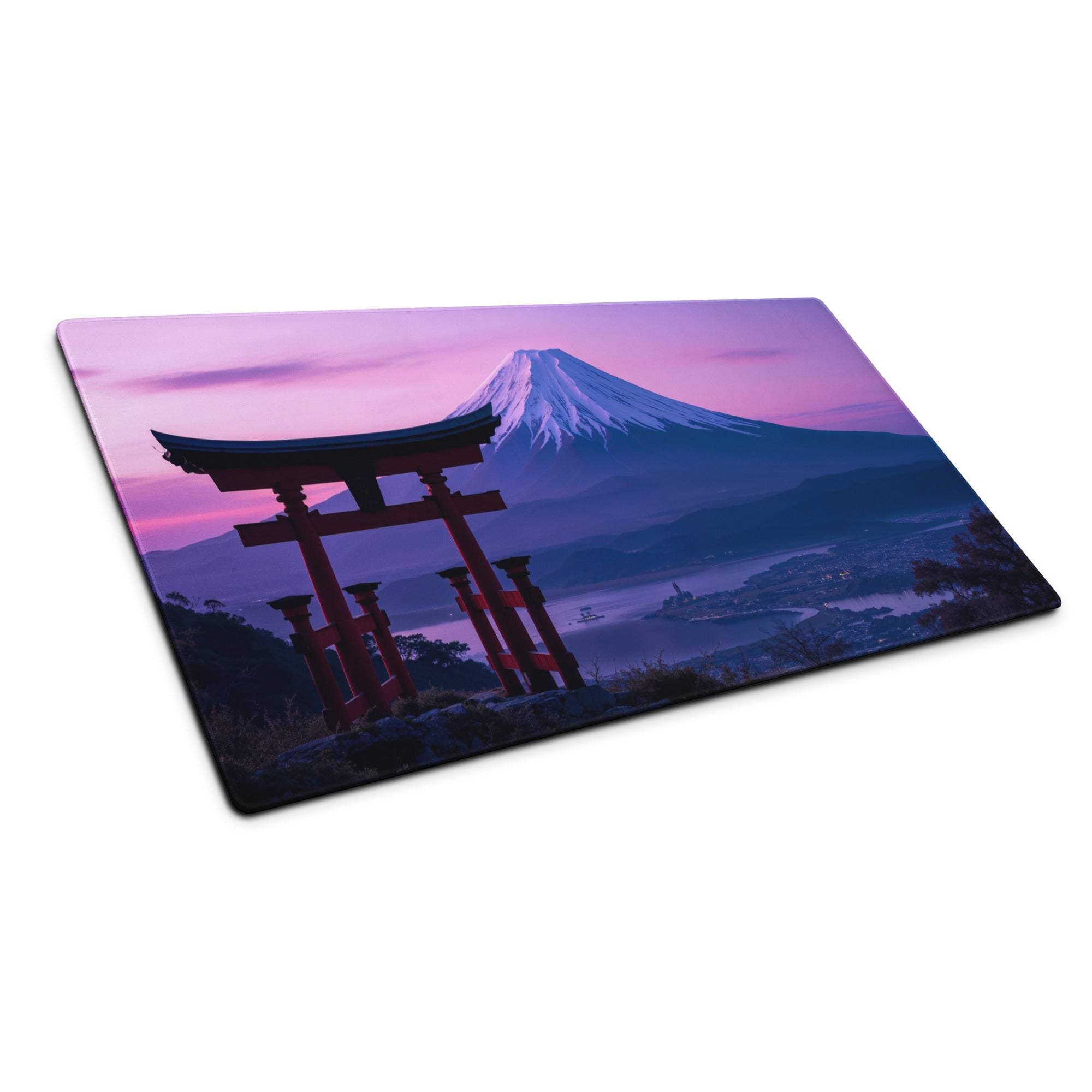 Scenic Mt Fuji sunset mouse pad with pink purple hues and red torii gate