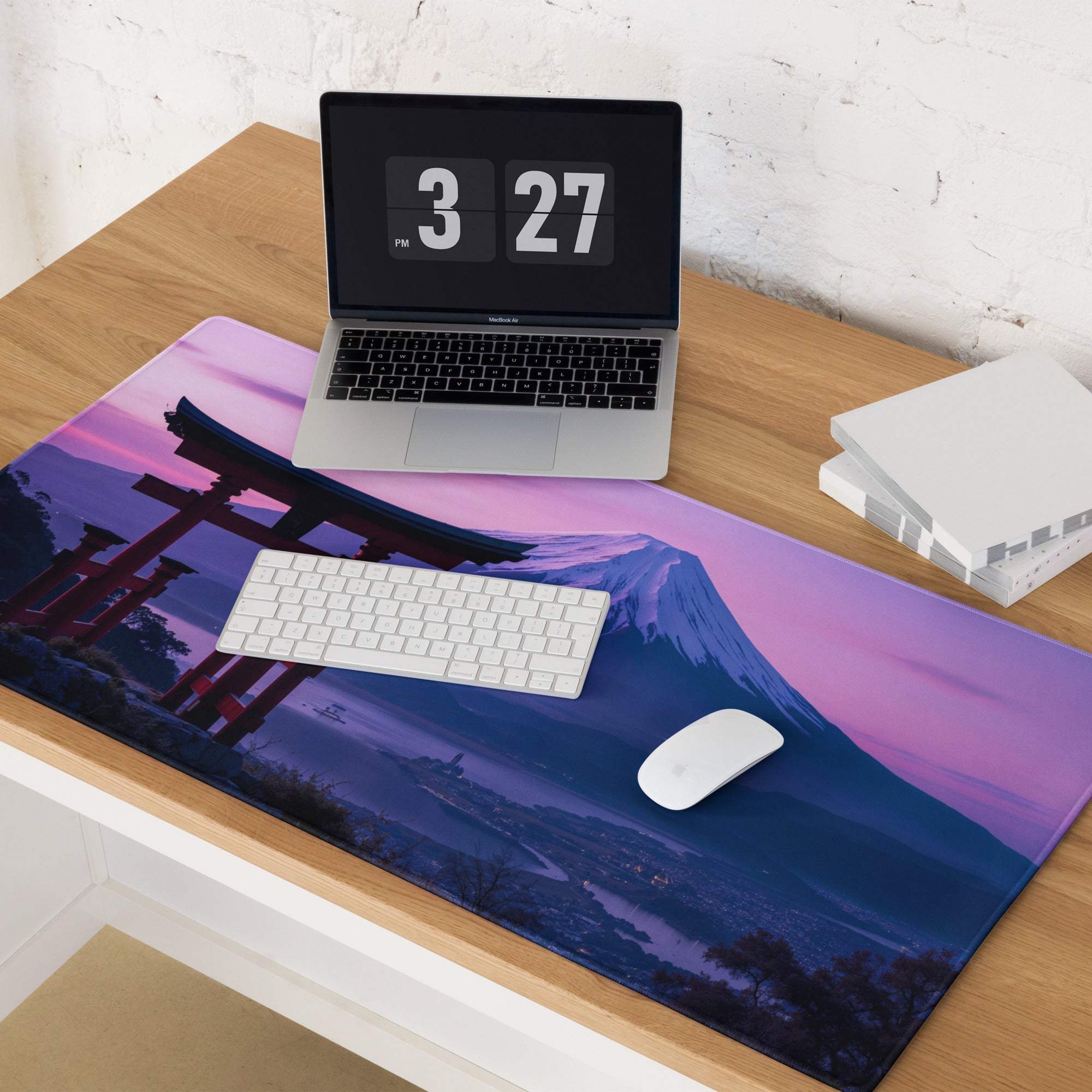 Scenic Mt Fuji with torii gate sunset pink purple gaming mouse pad