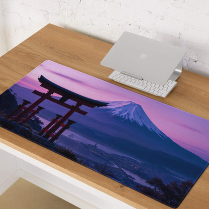 Scenic Mt Fuji sunset mousepad with torii gate in purple pink hues