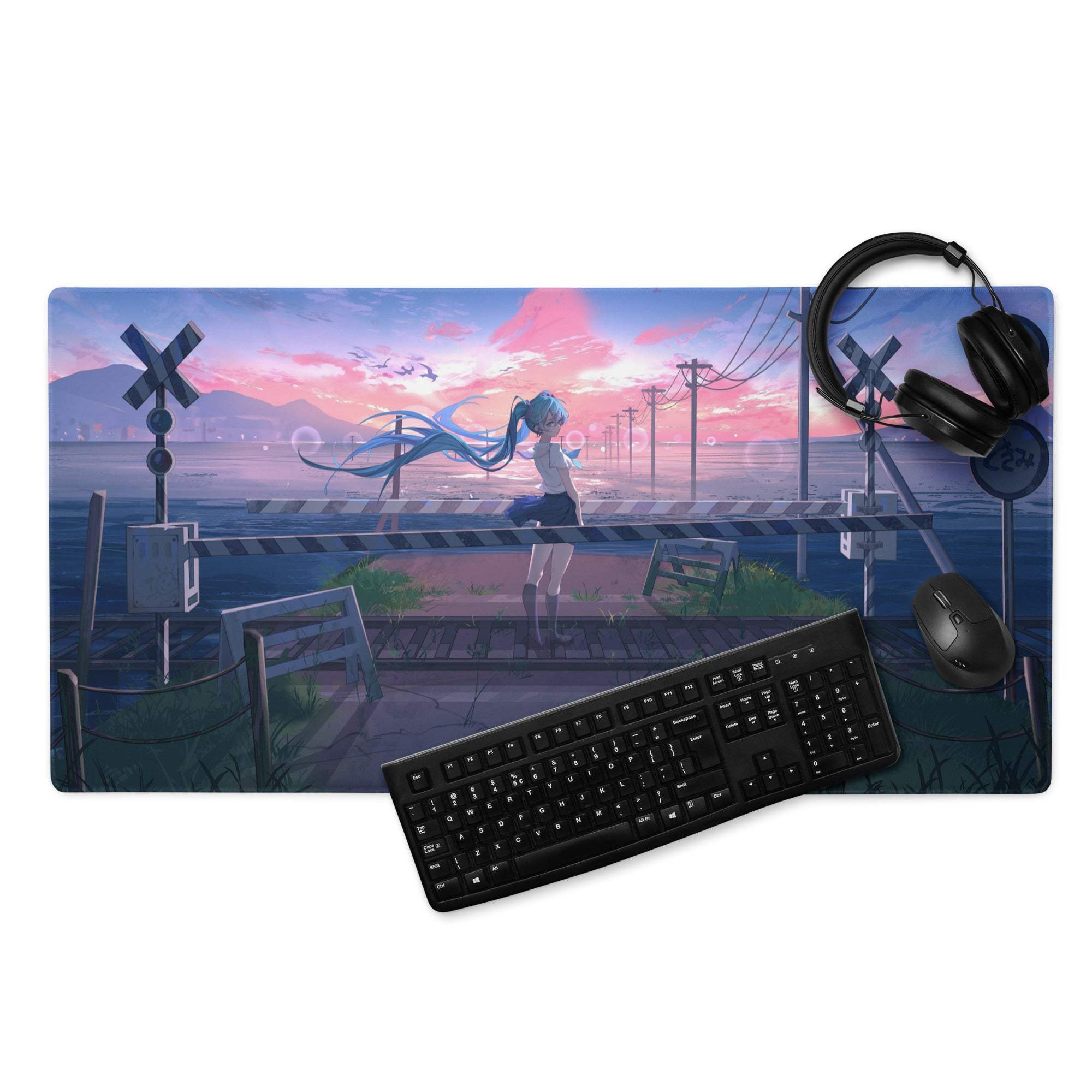 Anime sunset blue-haired girl on railway large gaming mouse pad