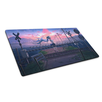 Anime sunset blue hair girl on tracks large gaming mousepad