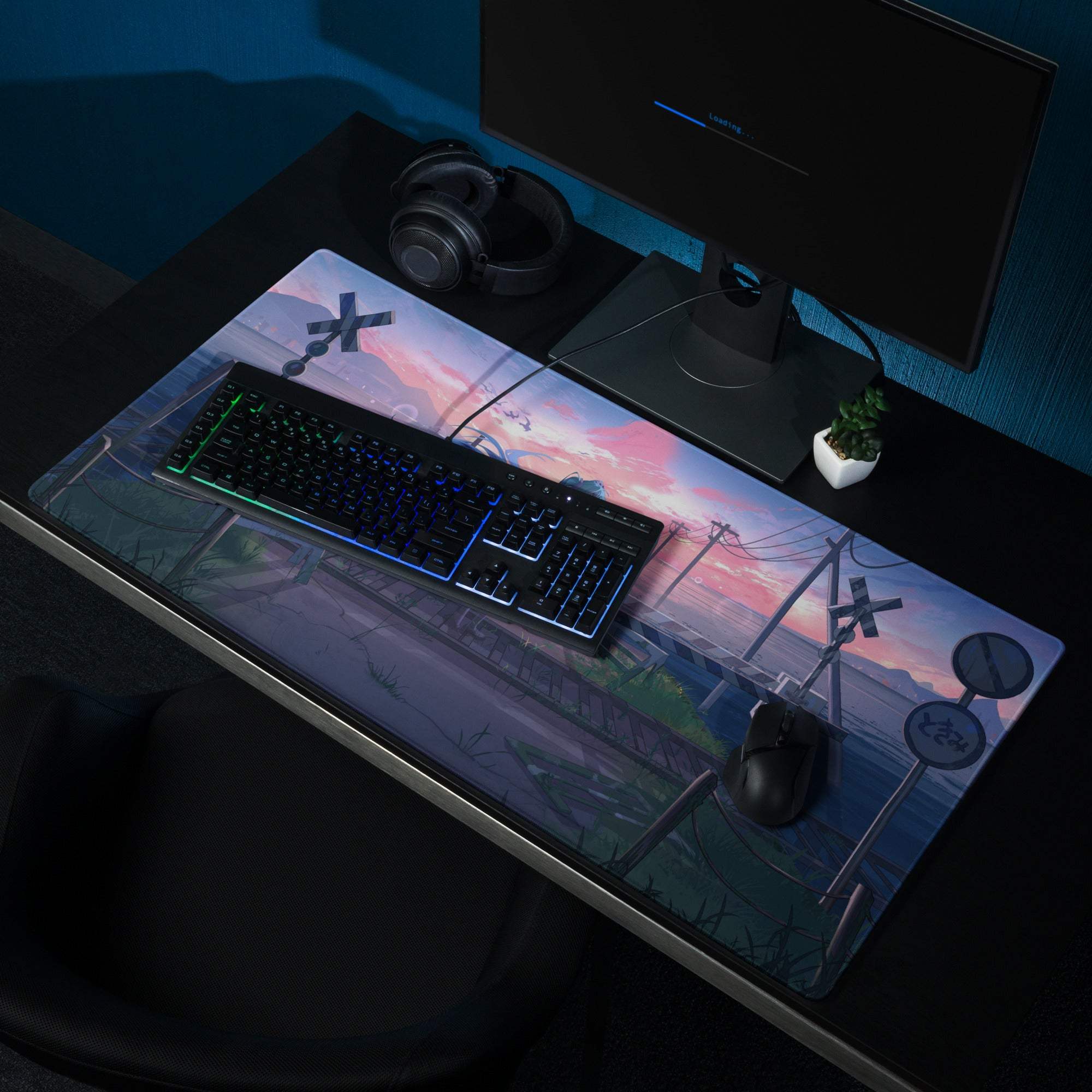 Anime sunset railway crossing on large purple mood gaming mouse pad
