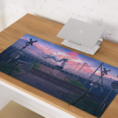Anime girl with long blue hair on sunset railway gaming mouse pad