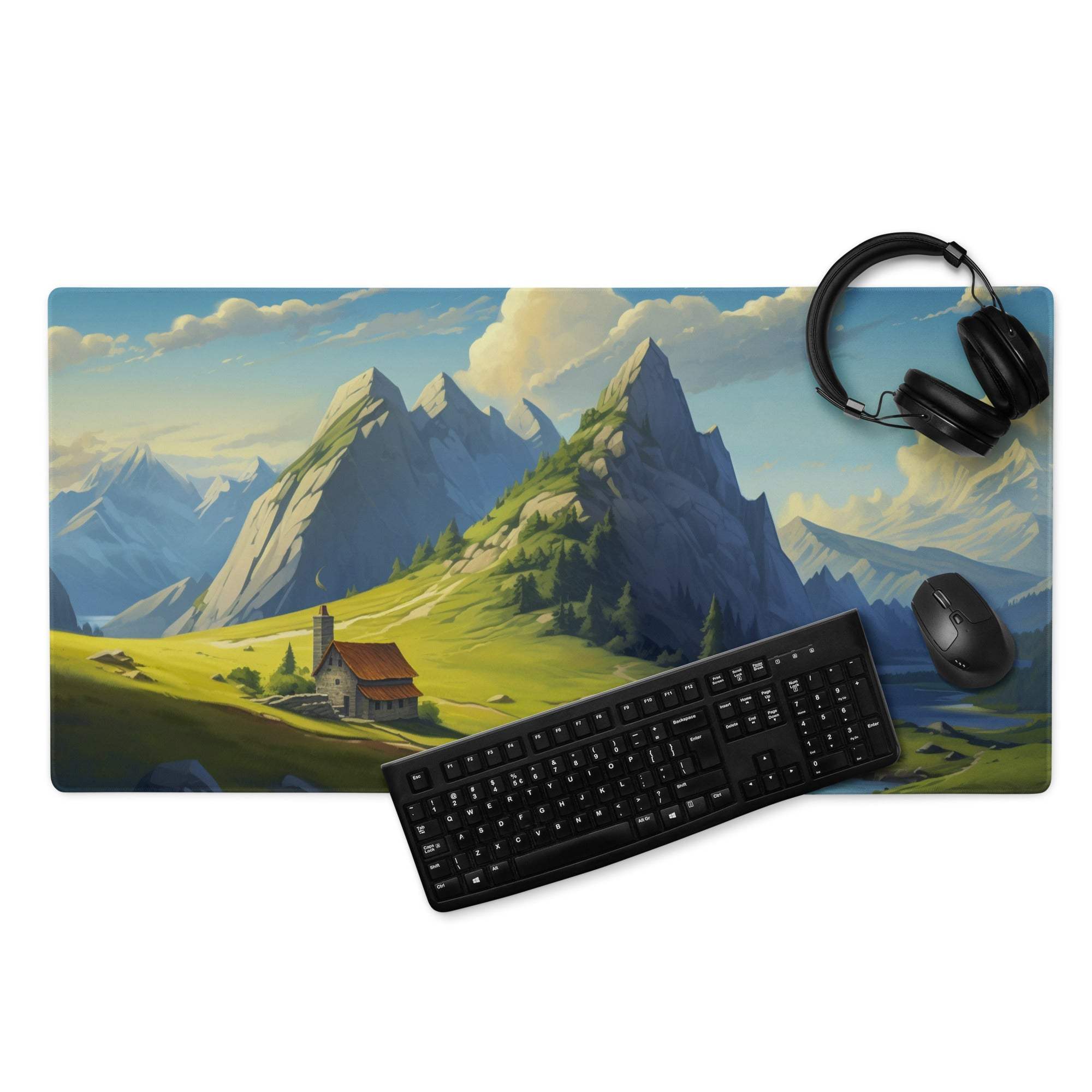 Epic mountain landscape gaming mouse pad with vibrant alpine scene