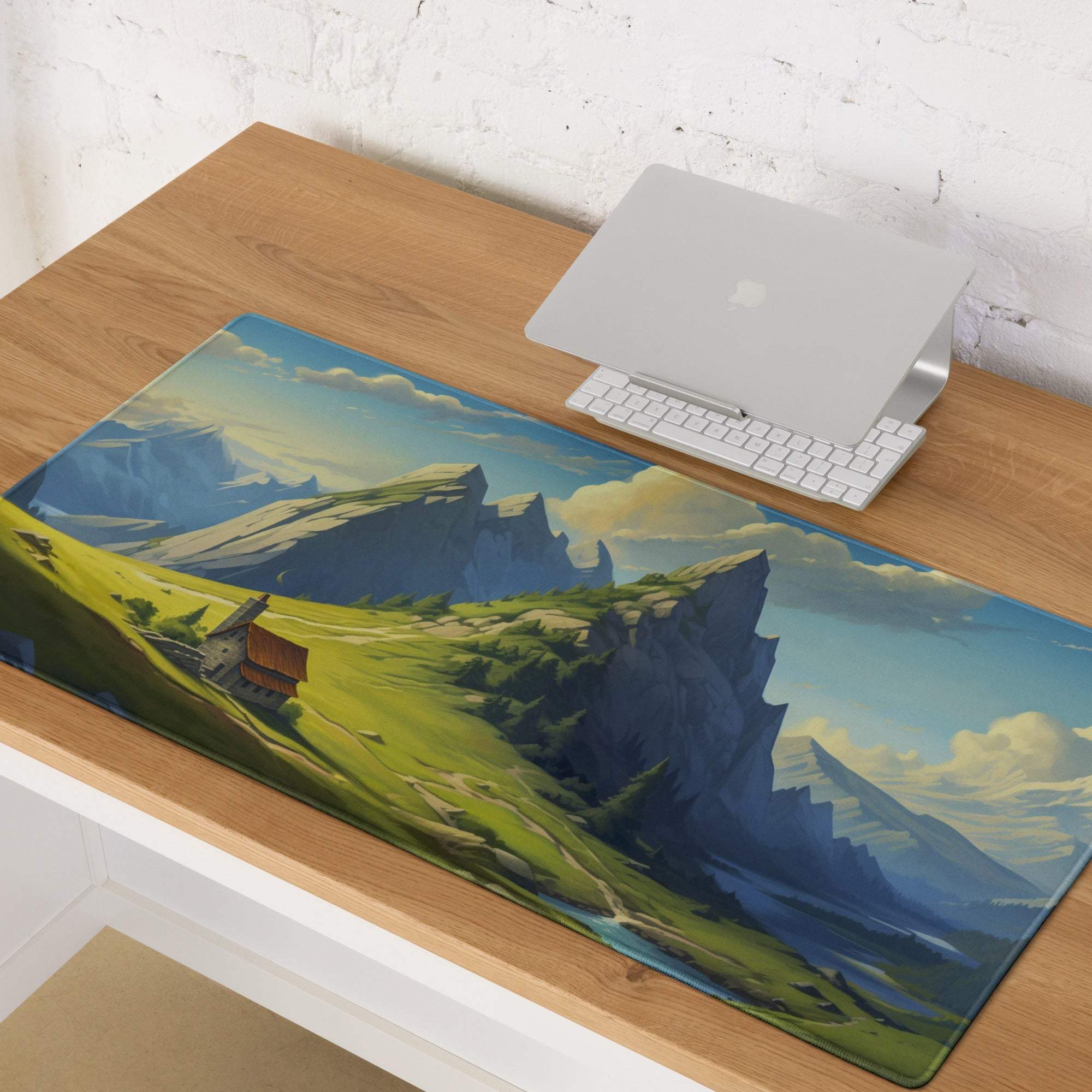 Epic mountain landscape gaming mouse pad with vibrant alpine scene