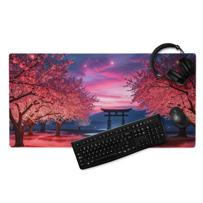 Vibrant sakura twilight gaming mouse pad with cherry blossoms, torii gate, starry sky