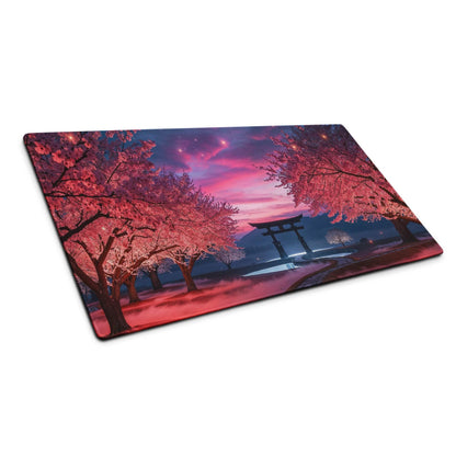 Vibrant pink purple sakura twilight mouse pad with torii gate starry sky