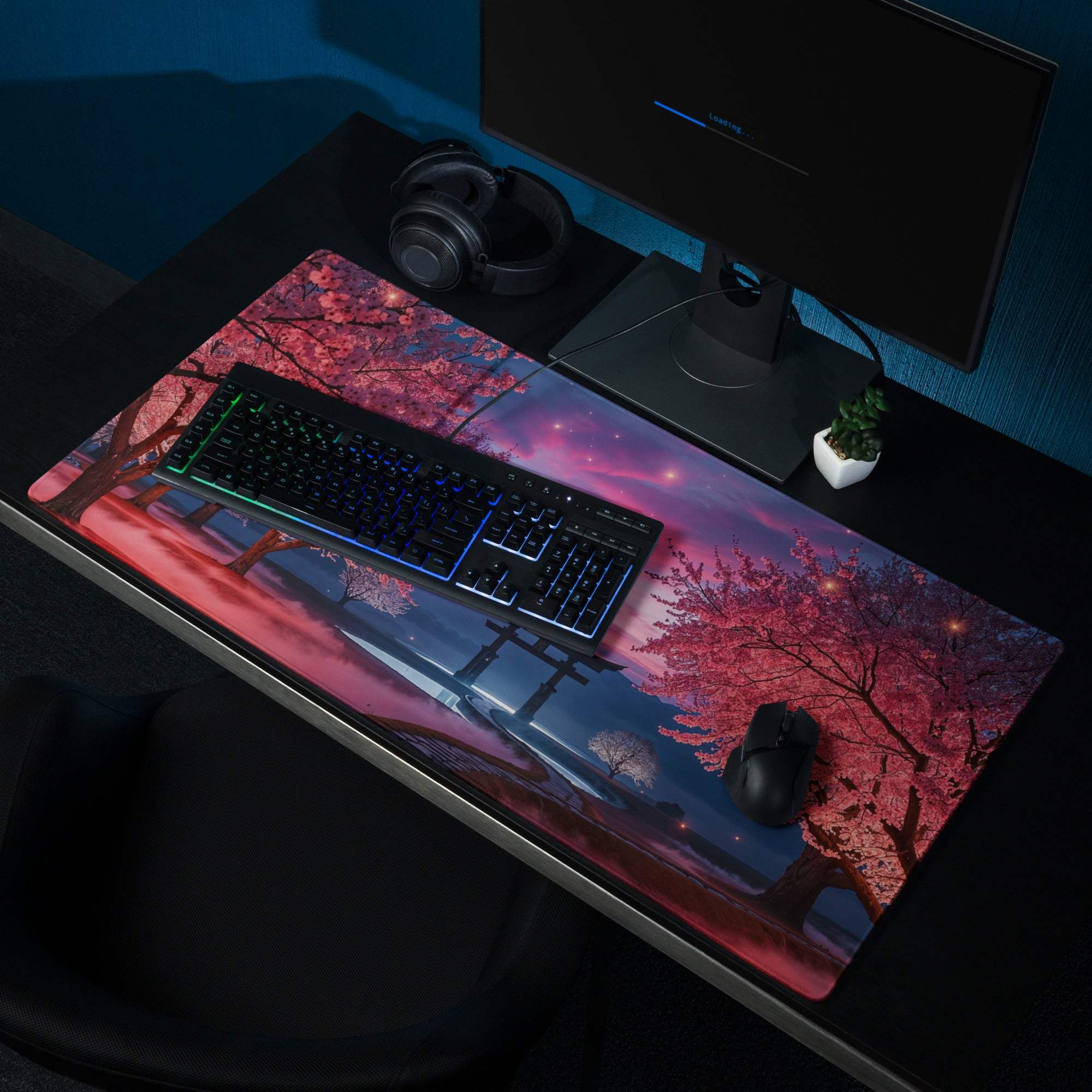 Vibrant sakura twilight gaming mouse pad with torii gate, non-slip base