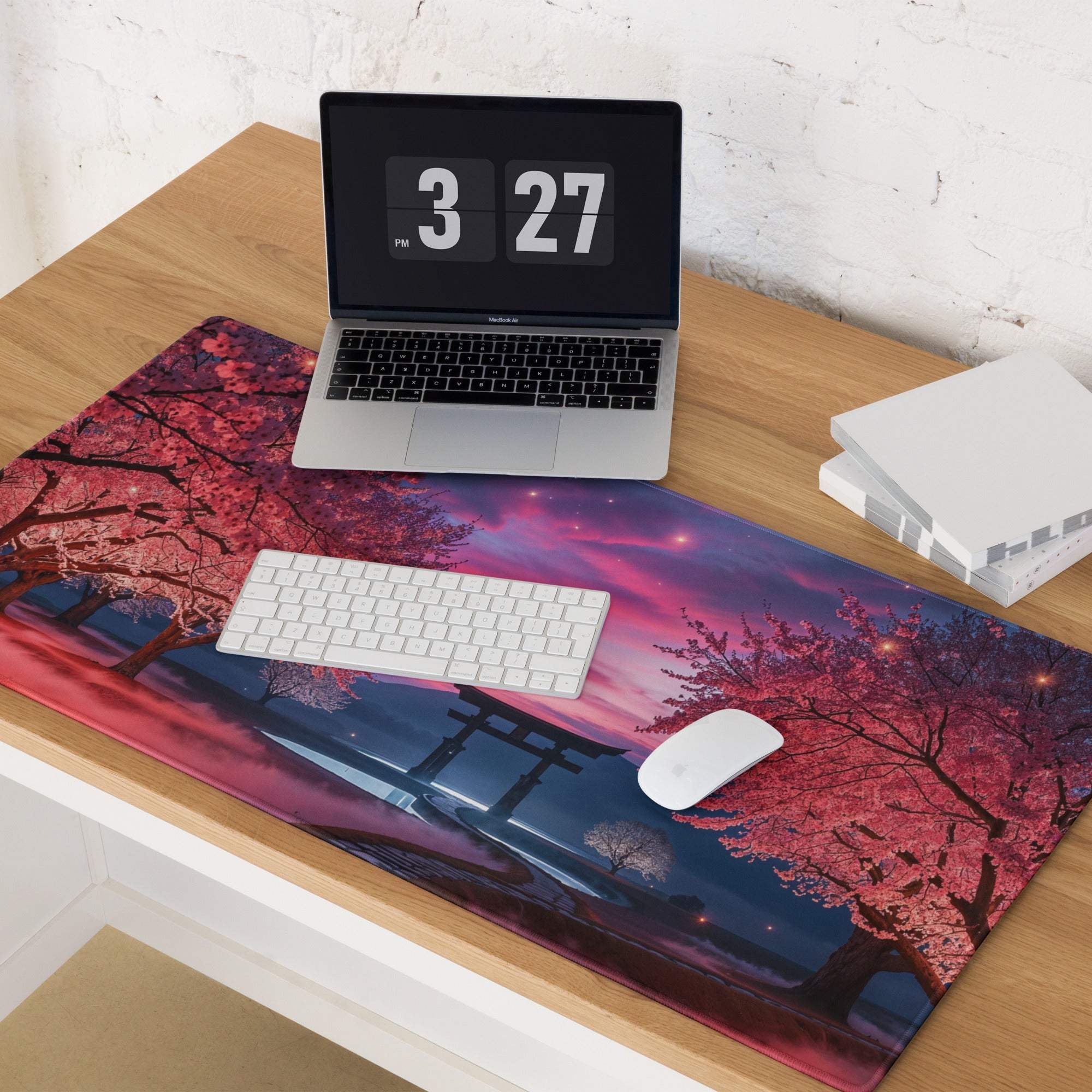 Vibrant sakura twilight gaming mouse pad with cherry blossoms and torii gate