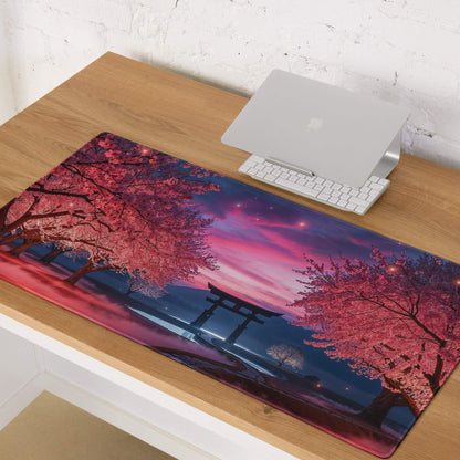 Vibrant sakura twilight gaming mouse pad with cherry blossoms, torii gate, starry sky
