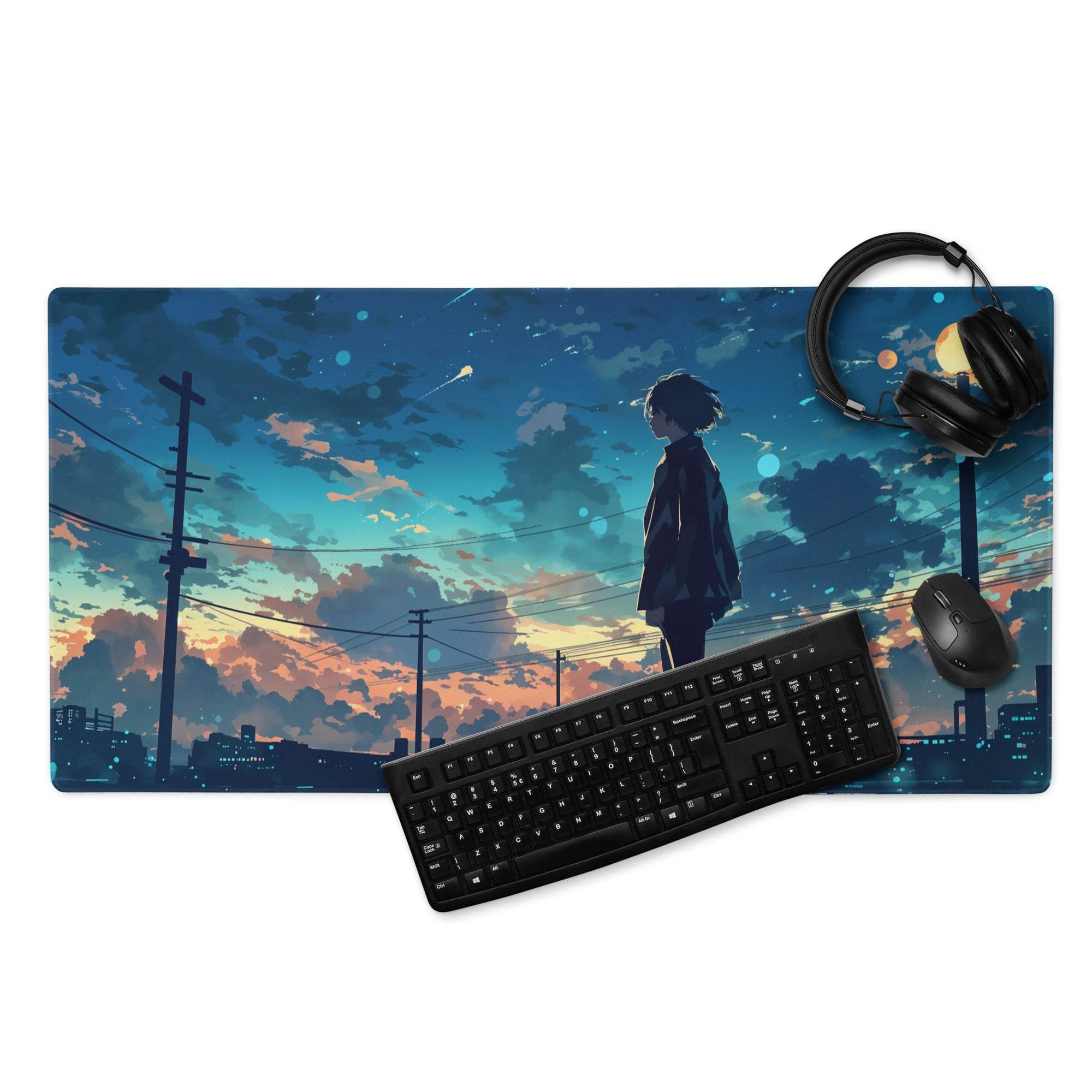 Anime silhouette at sunset over cityscape large blue twilight gaming mouse pad