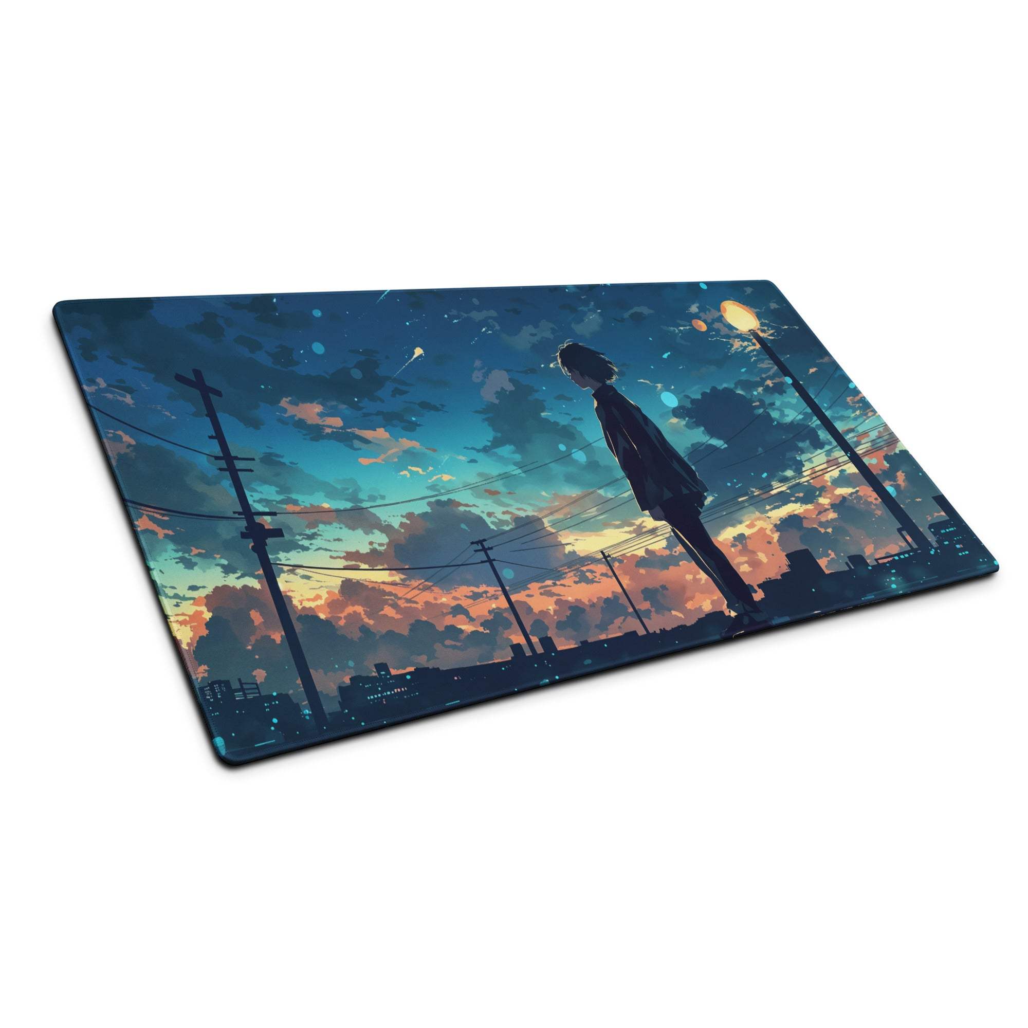 Anime silhouette at sunset cityscape large blue twilight gaming mouse pad