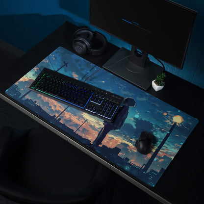Anime silhouette at sunset cityscape large blue twilight gaming mouse pad
