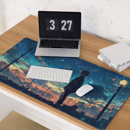 Anime silhouette at sunset cityscape large blue twilight gaming mouse pad