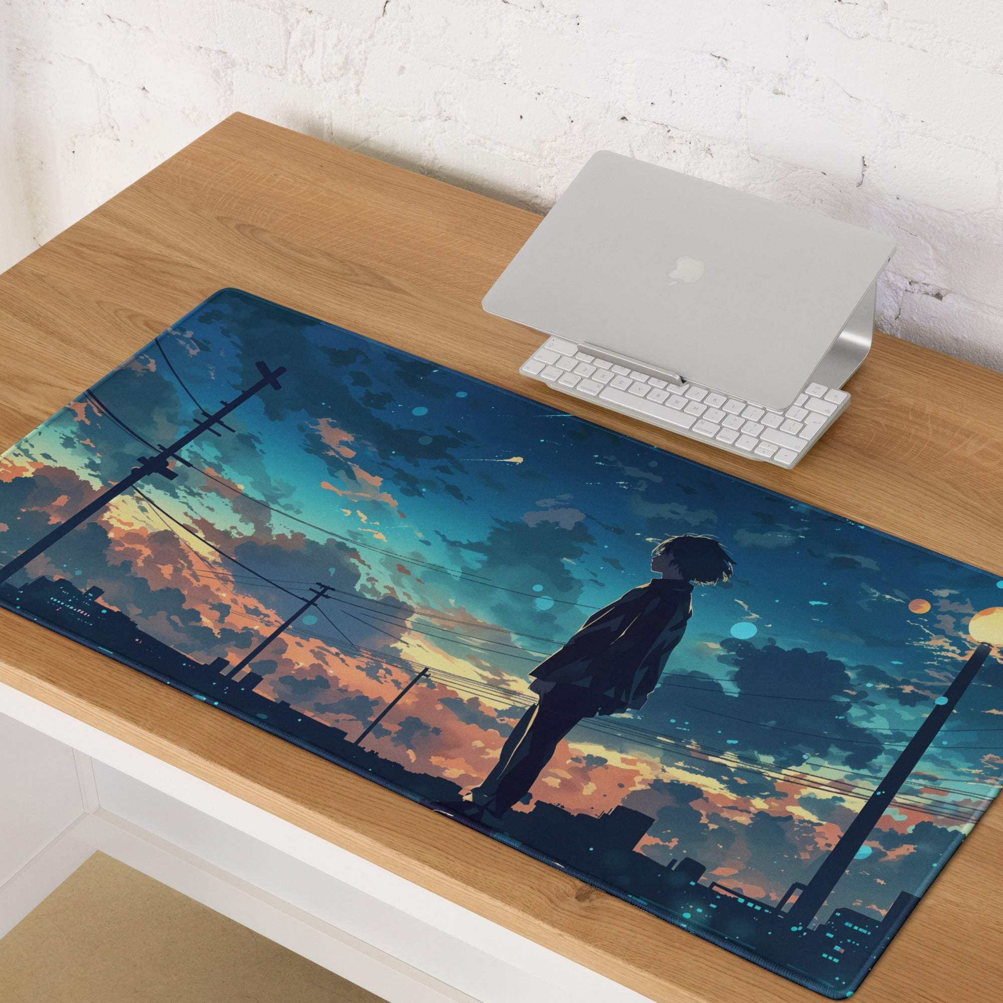 Anime silhouette at sunset cityscape blue twilight gaming mouse pad
