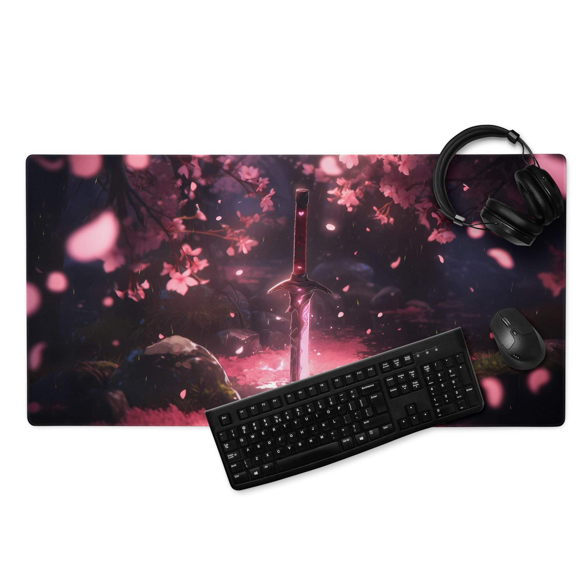 Dreamy pink sakura forest sword gaming mouse pad with non-slip base