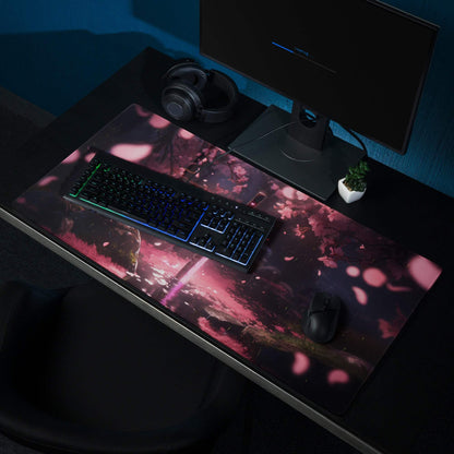 Dreamy pink sakura forest sword scene gaming mouse pad with petals