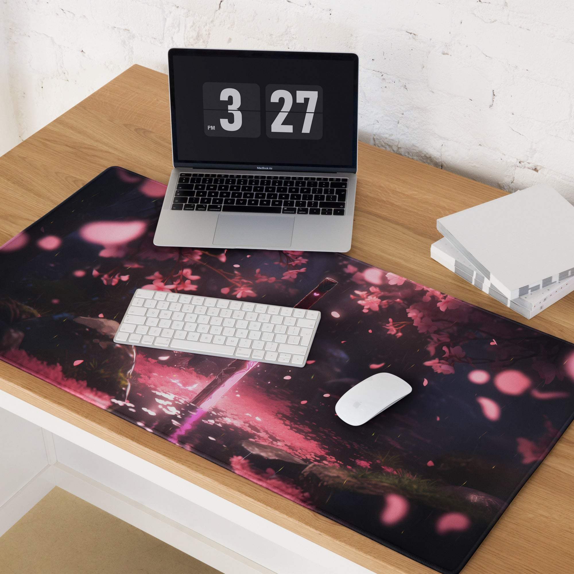 Dreamy pink sakura forest sword scene gaming mouse pad with cherry blossoms
