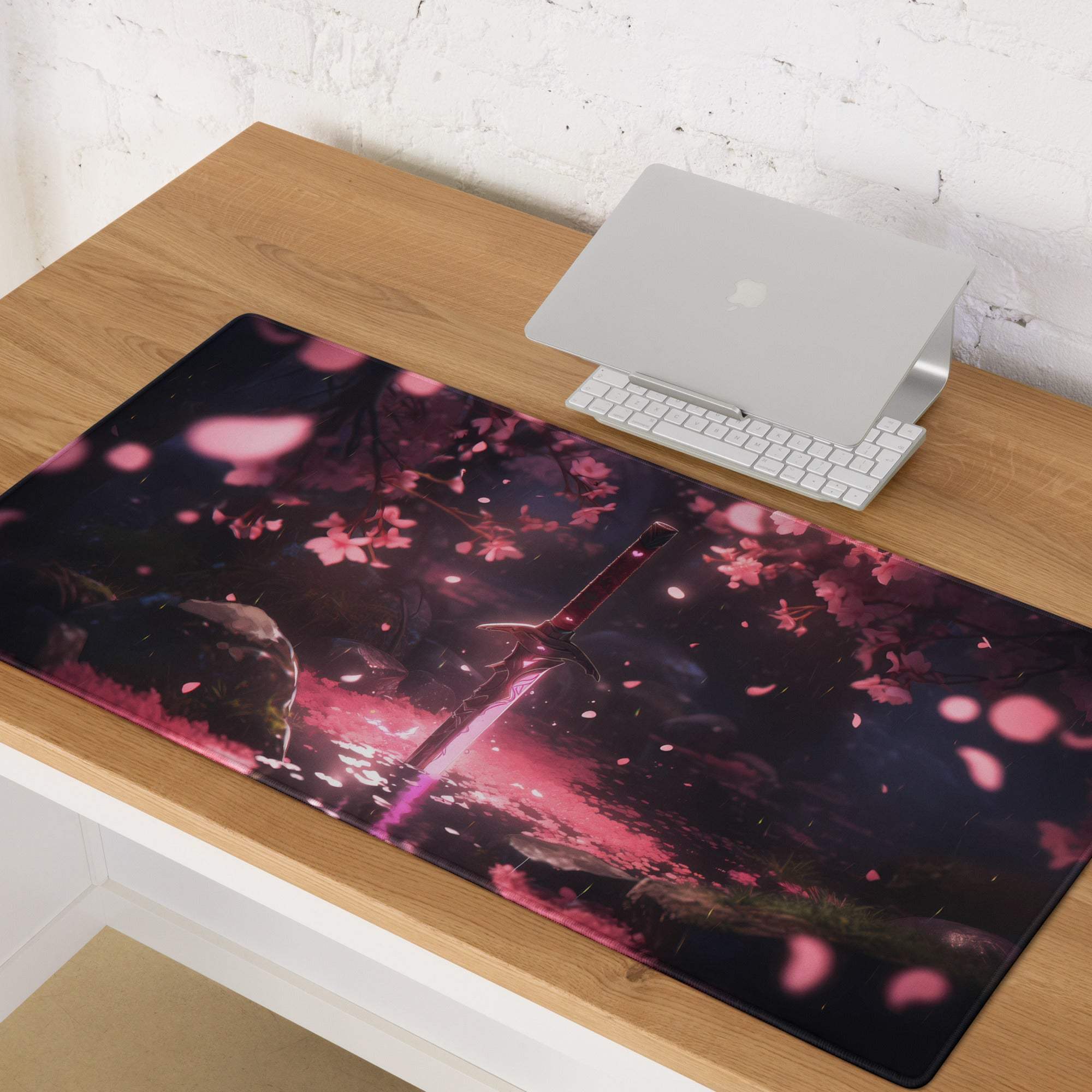 Dreamy pink sakura forest sword gaming mouse pad on wooden desk