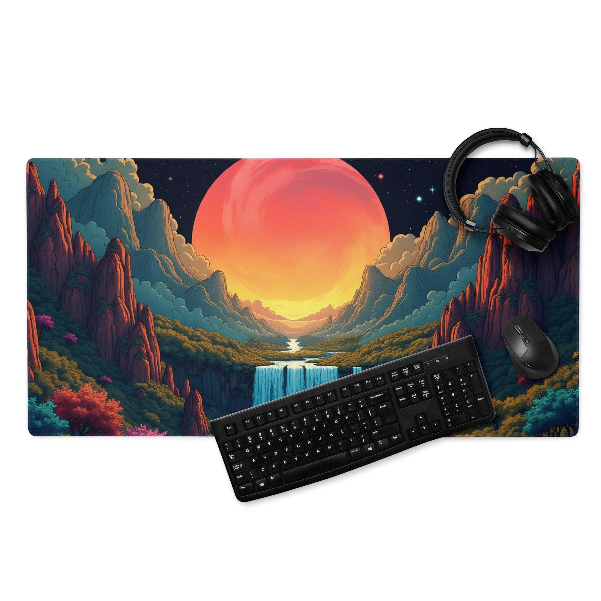 Epic fantasy landscape gaming mouse pad with mountains, sunset, stitching