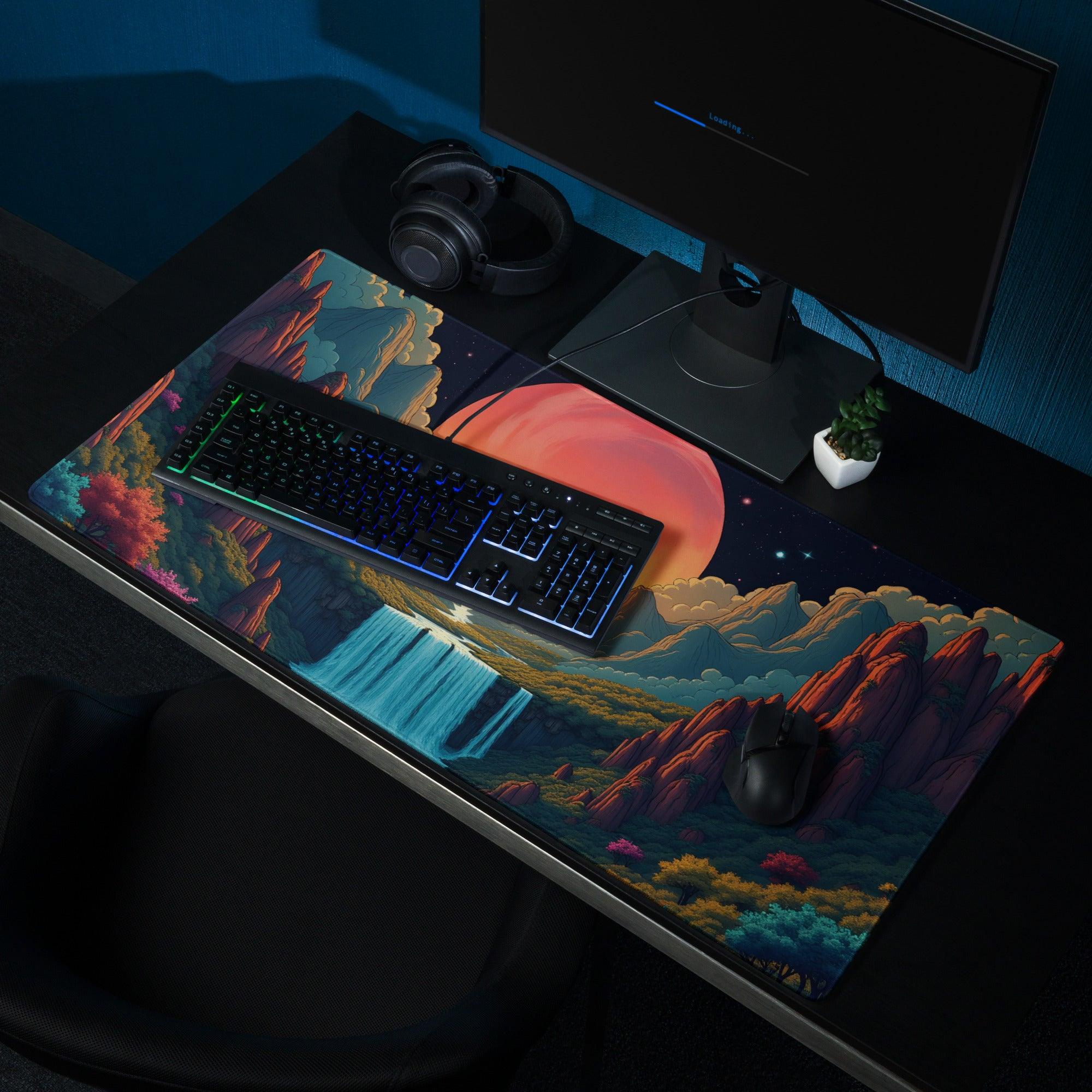 Epic fantasy gaming mouse pad with cosmic landscape, glowing waterfall, planet, stitching, non-slip base