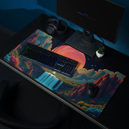 Epic fantasy gaming mouse pad with cosmic landscape, glowing waterfall, planet, stitching, non-slip base