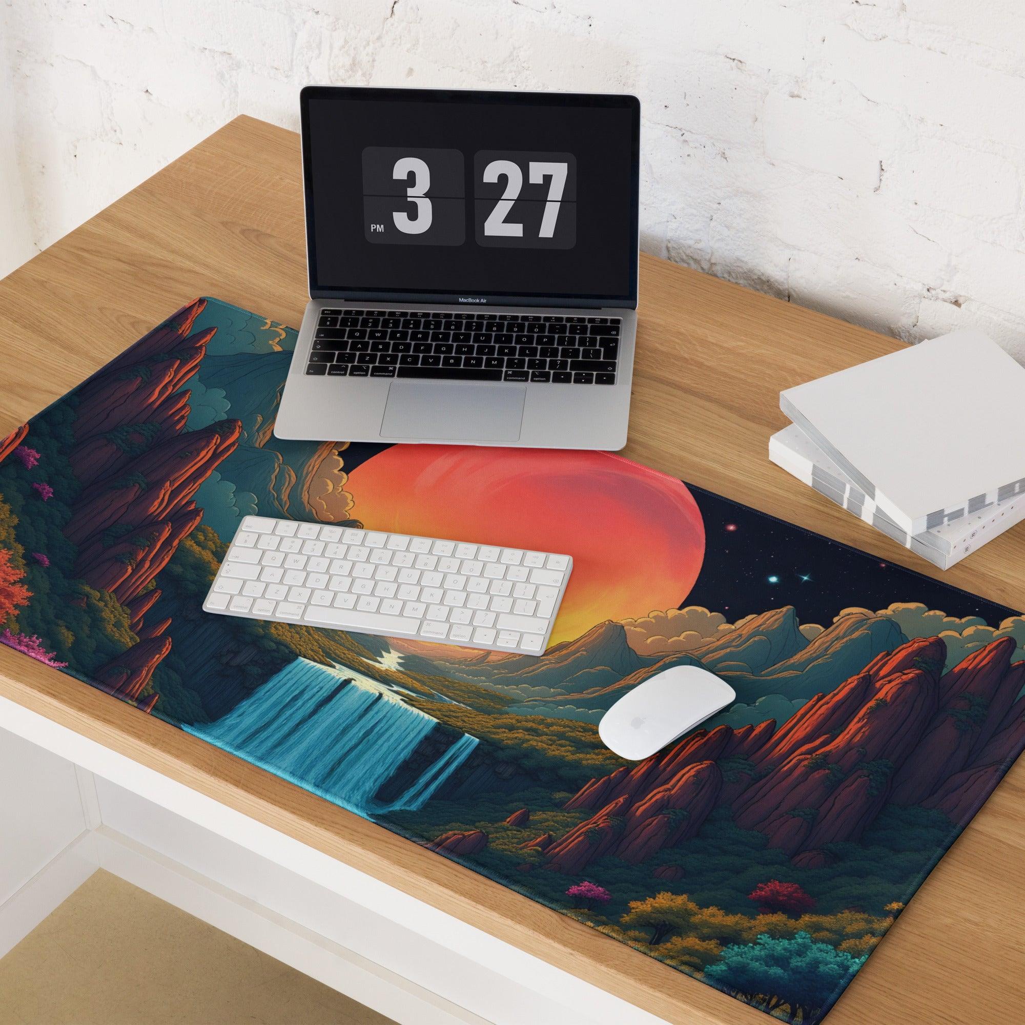 Epic fantasy landscape gaming mouse pad with red rocks, waterfalls, orange celestial body, starry sky, large size, edge stitching, non-slip base