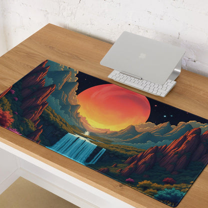 Epic fantasy landscape gaming mouse pad with red cliffs, waterfalls, sun, starry sky