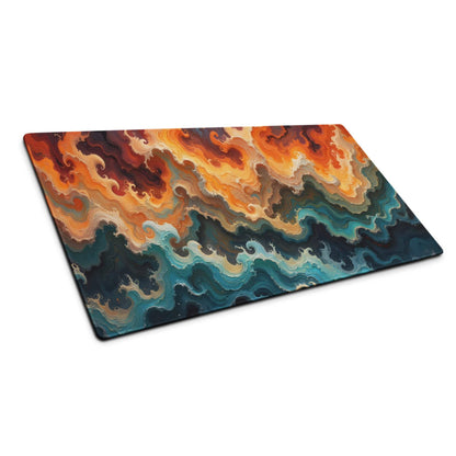 Large abstract swirl gaming mouse pad in ocean sunset orange red teal tones