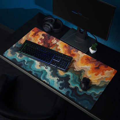 Large abstract swirl gaming mousepad in ocean sunset orange teal black