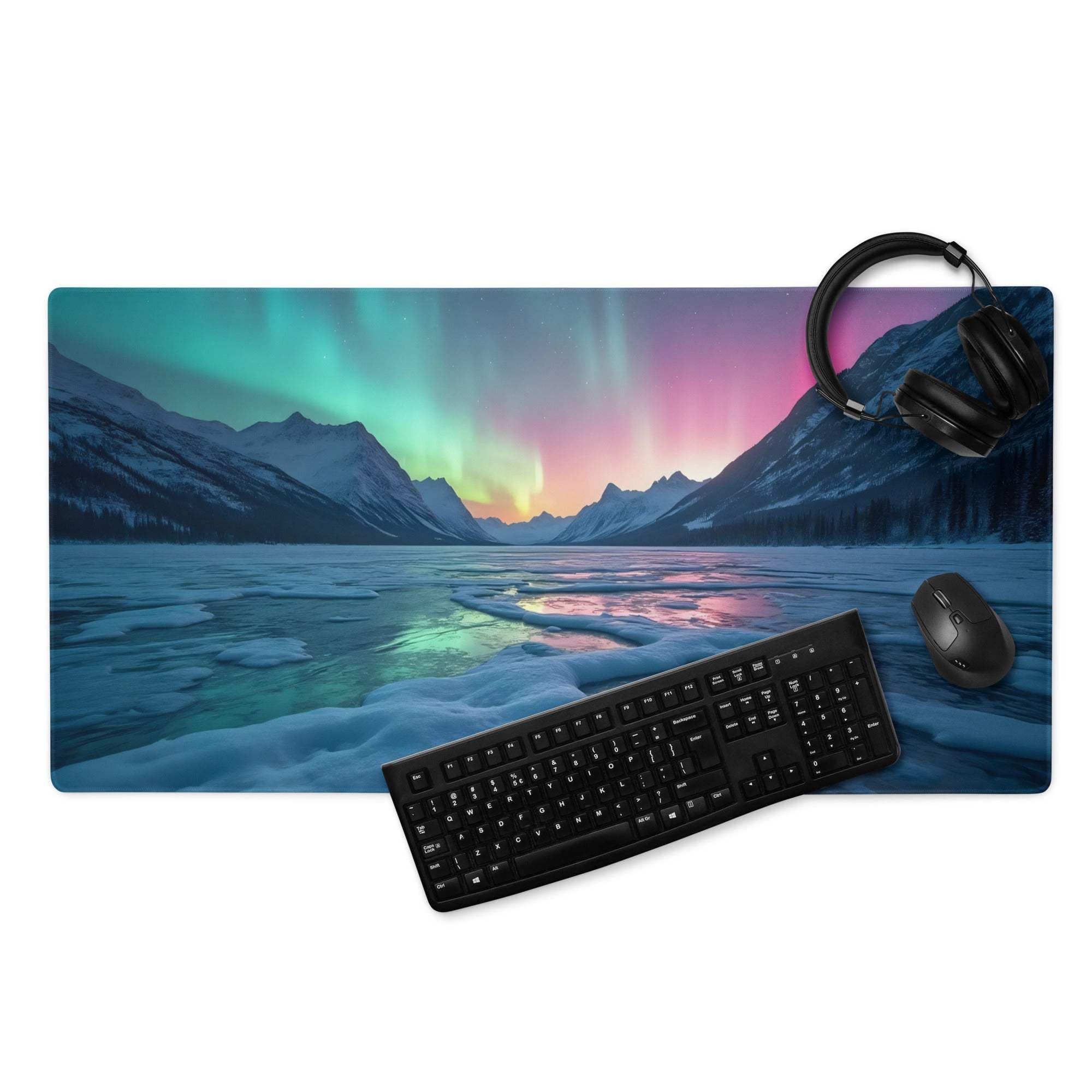 Vibrant aurora borealis gaming mouse pad with headphones, keyboard, non-slip base