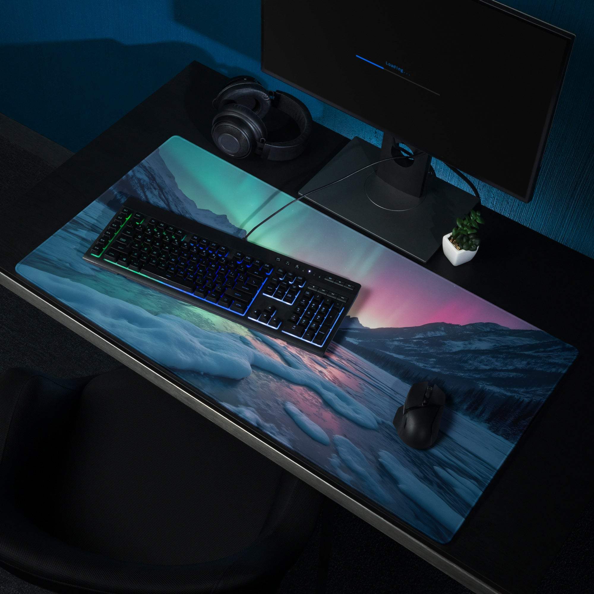 Vibrant aurora borealis gaming mouse pad with non-slip base stitching