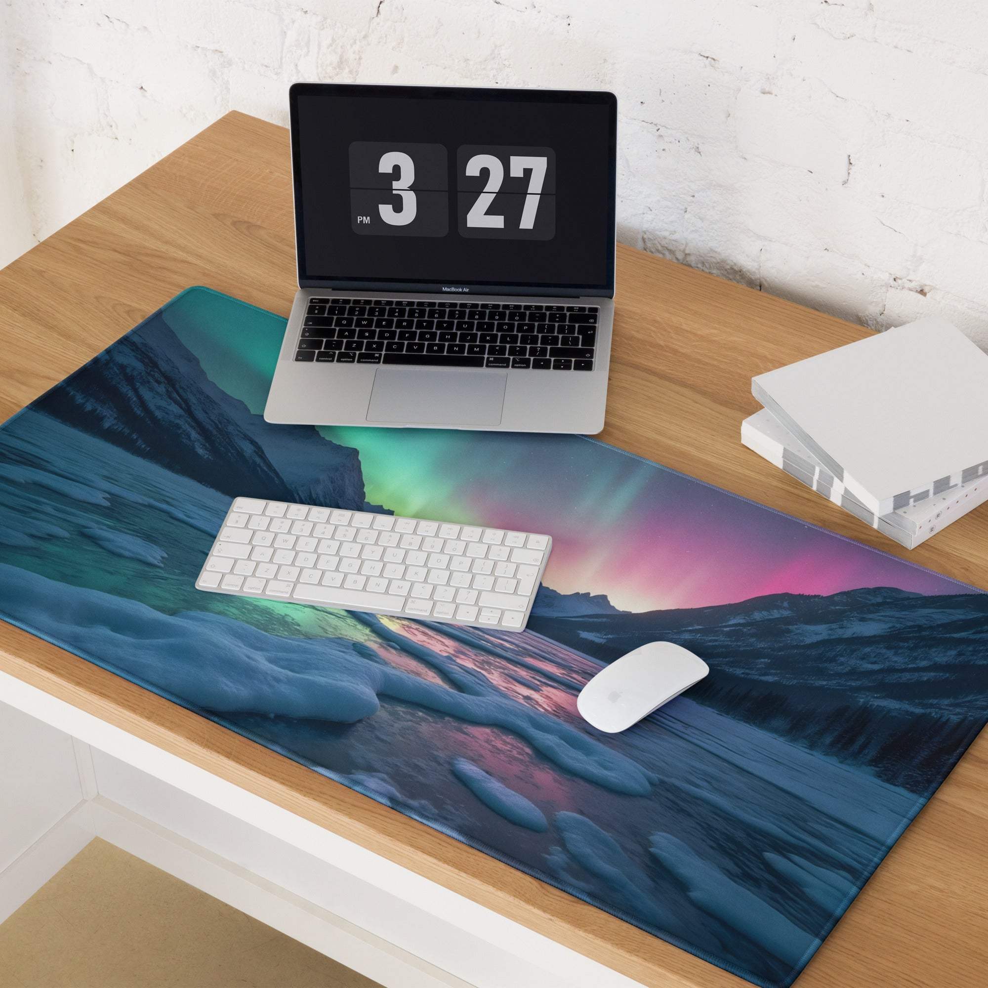 Vibrant aurora borealis gaming mouse pad with non-slip base and stitched edges