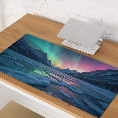 Vibrant aurora borealis gaming mouse pad with icy mountains, non-slip base