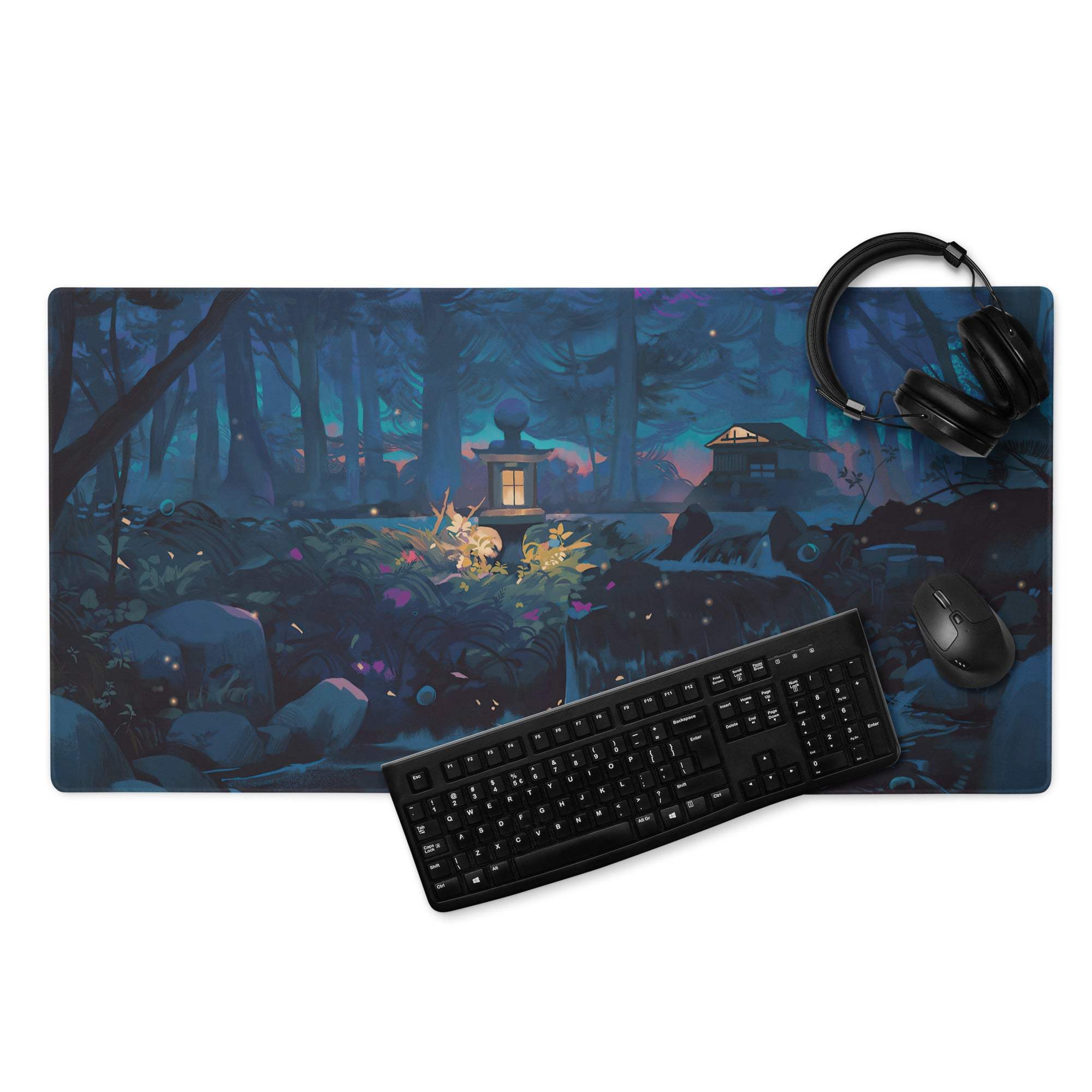 Midnight Forest anime gaming mouse pad with mystical scene and non-slip base