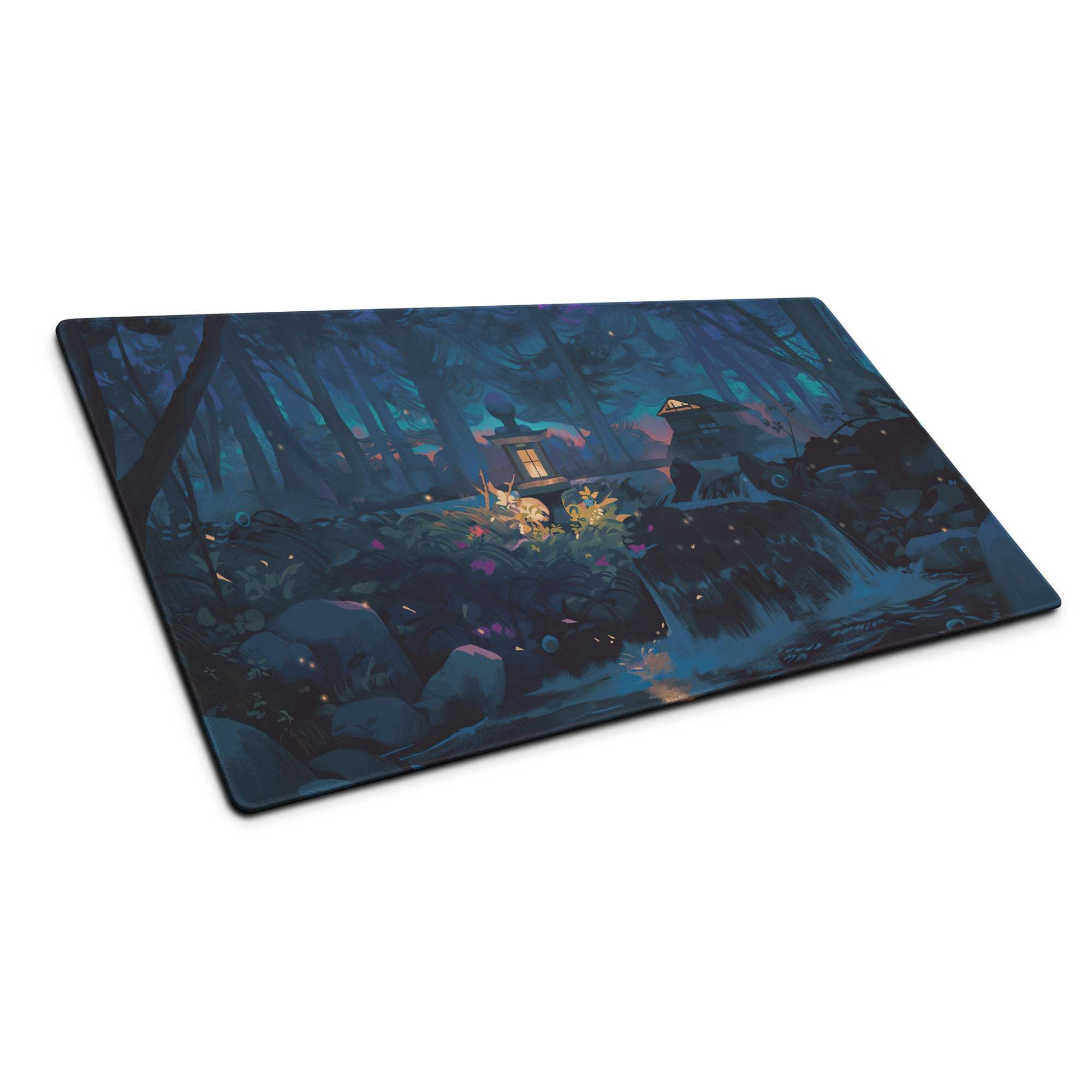 Midnight Forest large gaming mouse pad with dark blue atmospheric scene