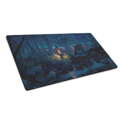 Midnight Forest large gaming mouse pad with dark blue atmospheric scene