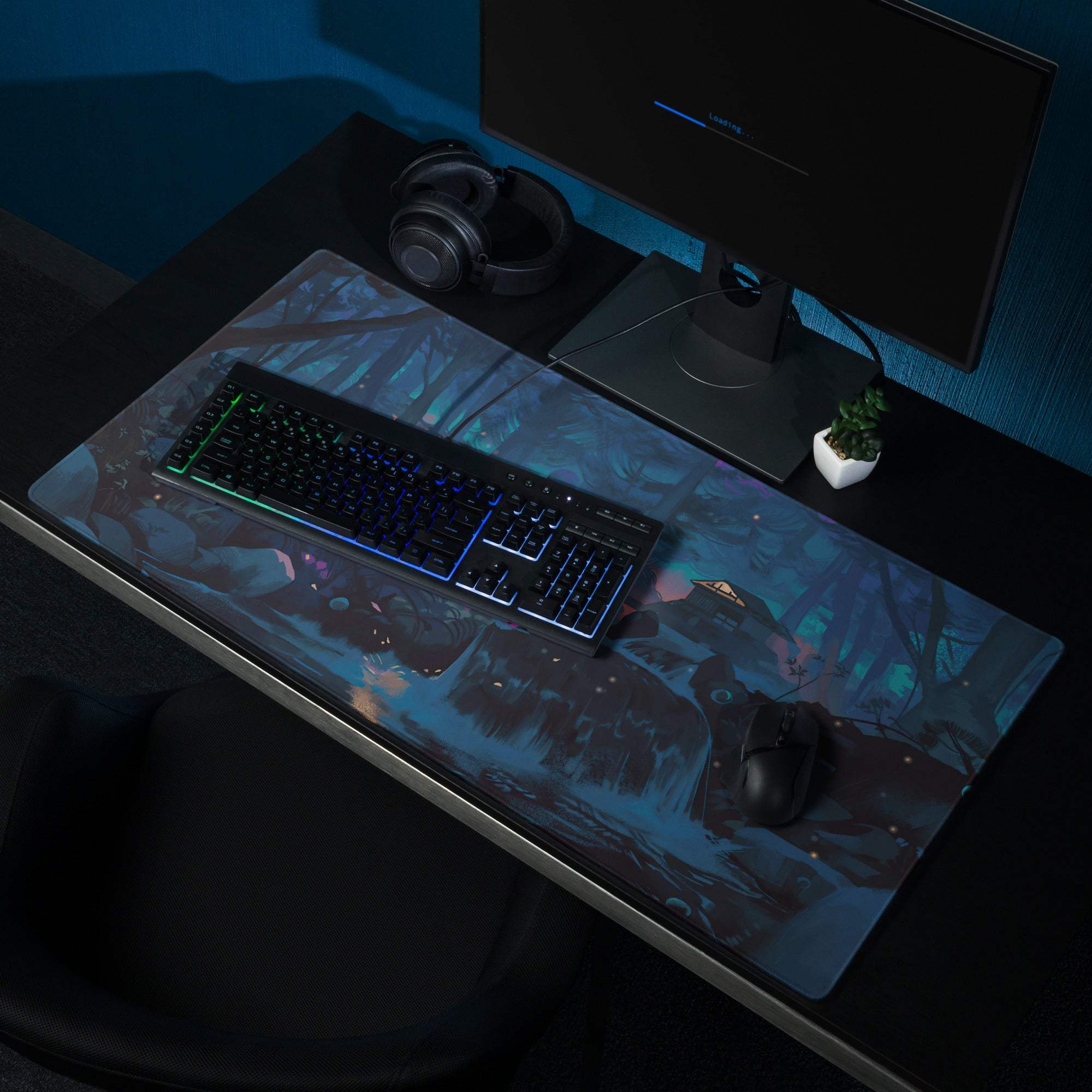 Sleek Midnight Forest large gaming mouse pad with teal glowing forest design
