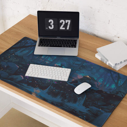 Midnight Forest large gaming mouse pad with dark blue teal purple fantasy forest glow