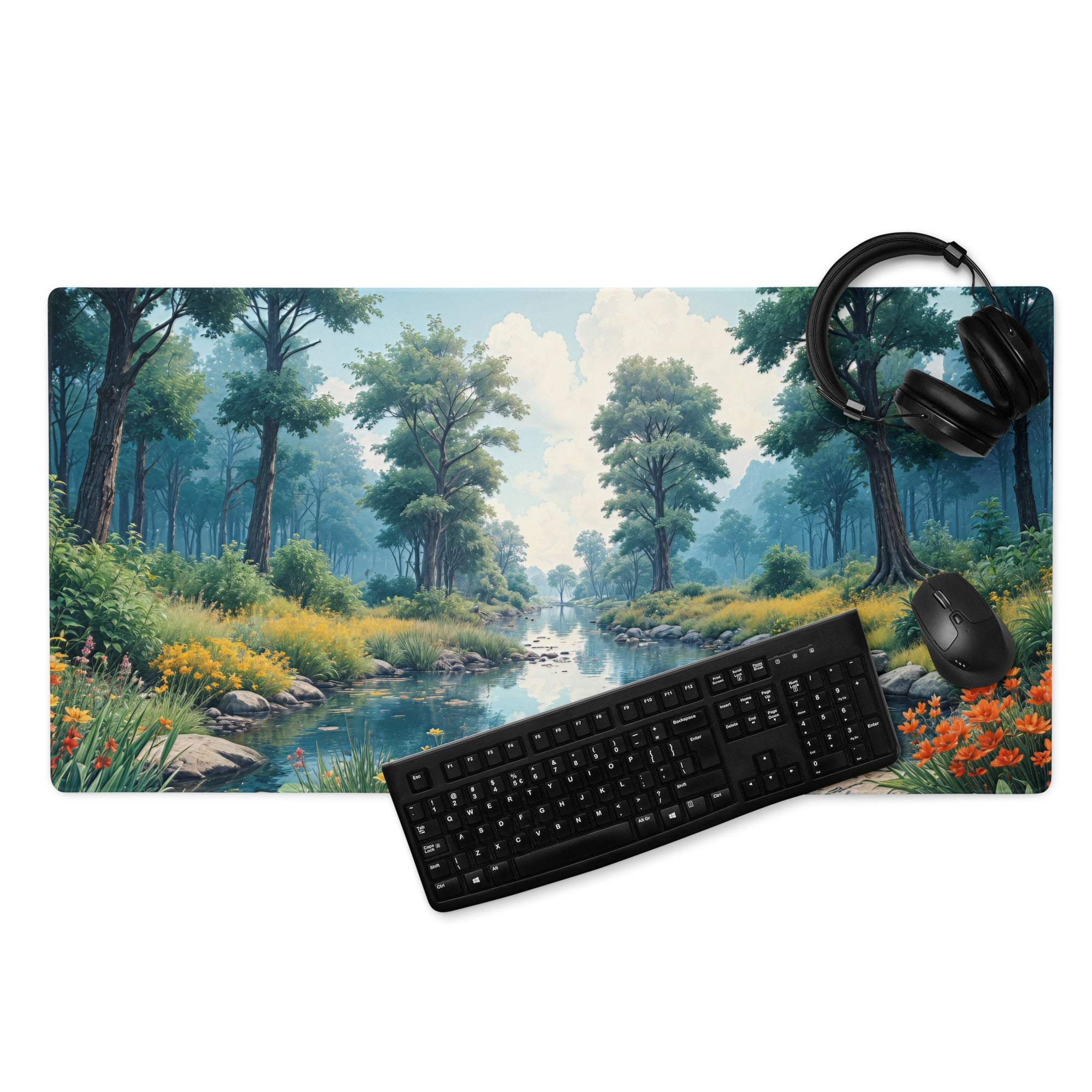 Large nature forest gaming mouse pad with serene river, green trees, wildflowers, non-slip base