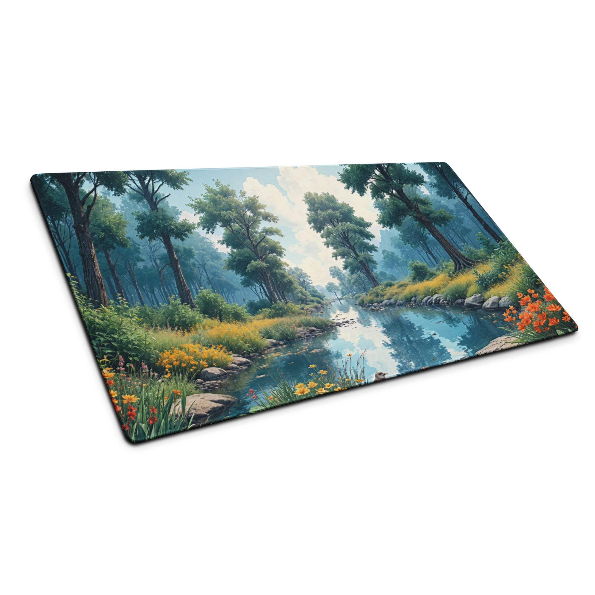 Large nature forest stream gaming mouse pad with serene green scene, edge stitching, non-slip base