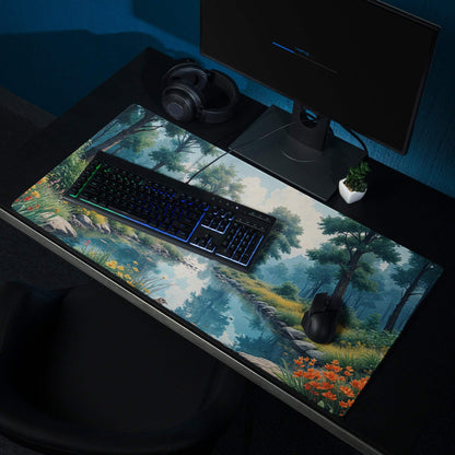 Large nature forest gaming mouse pad with edge stitching, non-slip base