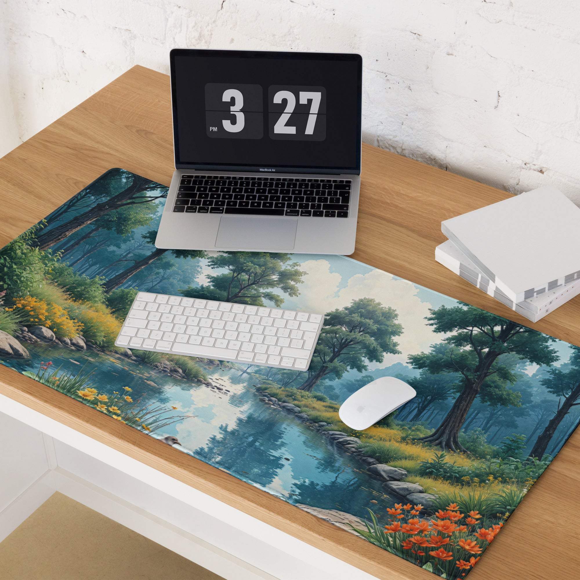 Large nature forest scene gaming mouse pad with green landscape, edge stitching, non-slip base