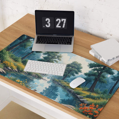 Large nature forest scene gaming mouse pad with green landscape, edge stitching, non-slip base