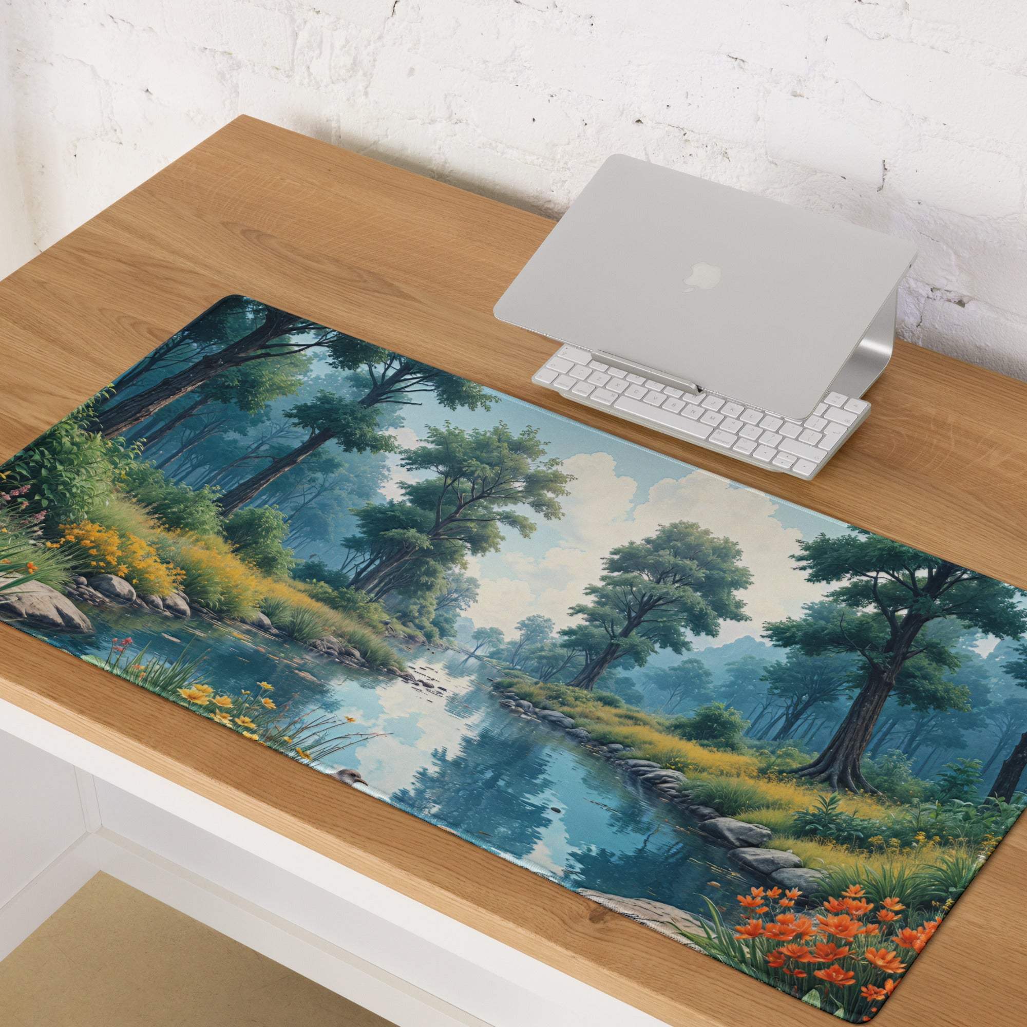 Large forest scene gaming mouse pad with trees, river, flowers, edge stitching, non-slip base