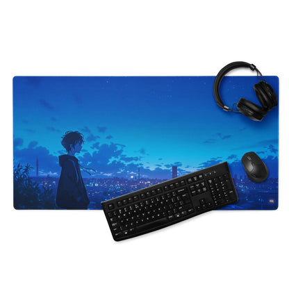 Blue anime boy silhouette night city skyline gaming mousepad