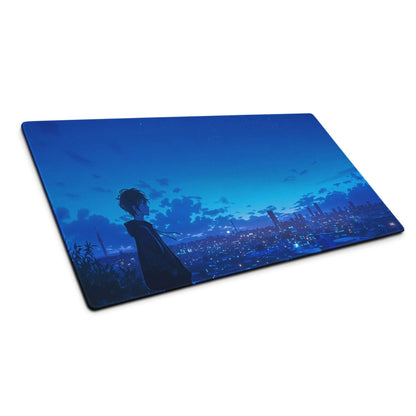 Blue anime night city silhouette mousepad with non-slip backing