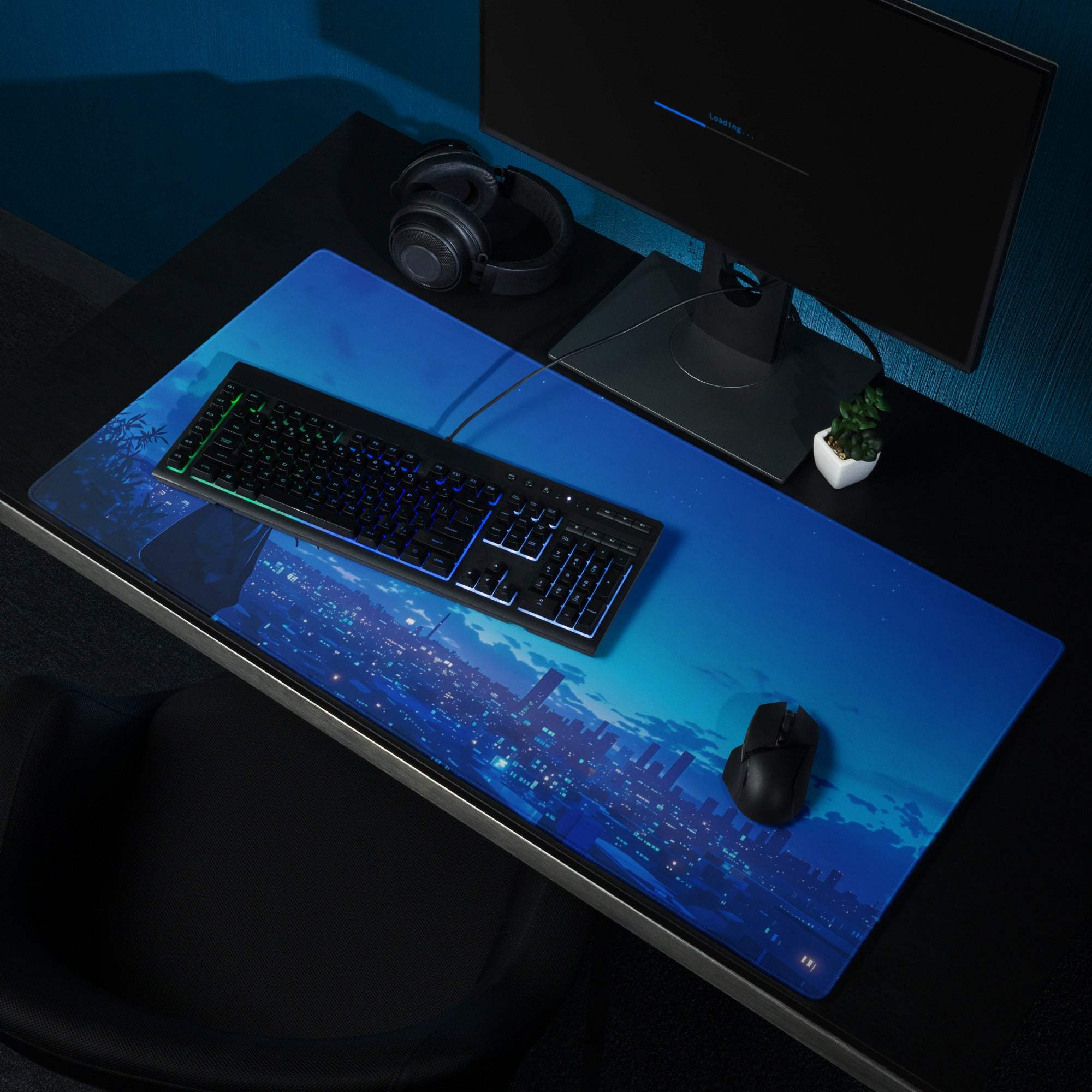 Stylish anime blue night city gaming mousepad with glowing keyboard and mouse